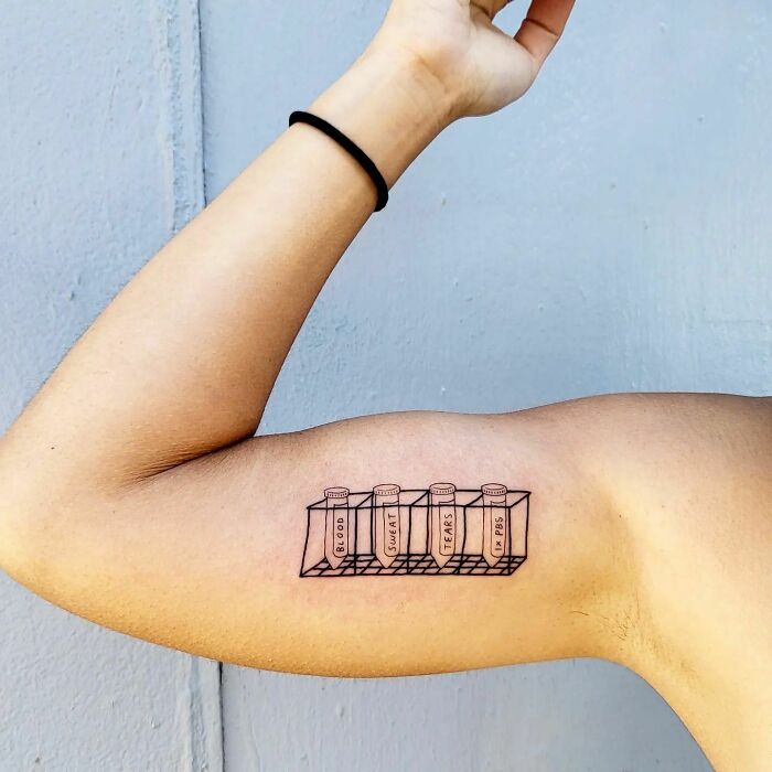 Science tattoo featuring a stylized chemical shelf on an arm, with labeled bottles for blood, sweat, tears, and PBS.