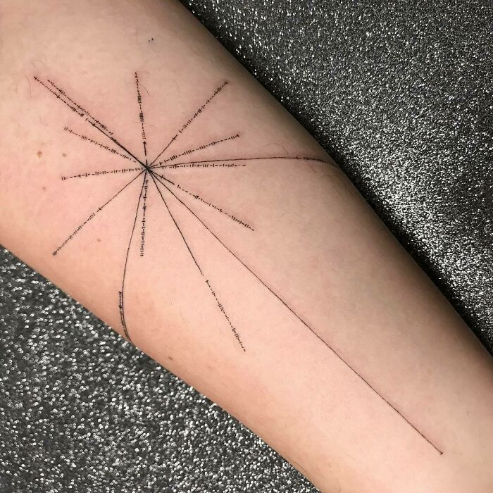 Science tattoo of particle collision diagram on forearm, showcasing intricate line details for scientific enthusiasts.