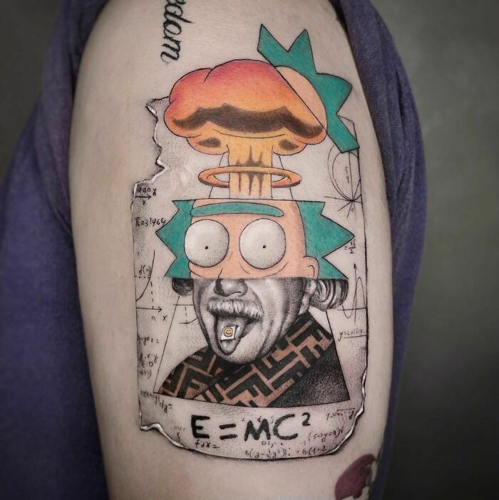 Science tattoo featuring a caricature with E=MC² and a colorful explosion above.