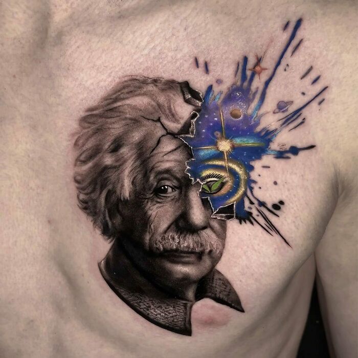Science tattoo featuring a portrait and cosmic design, symbolizing creativity and intelligence.