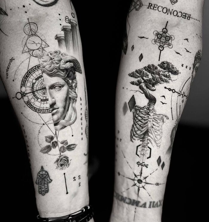 Science tattoos featuring anatomical designs and geometric patterns on forearms.