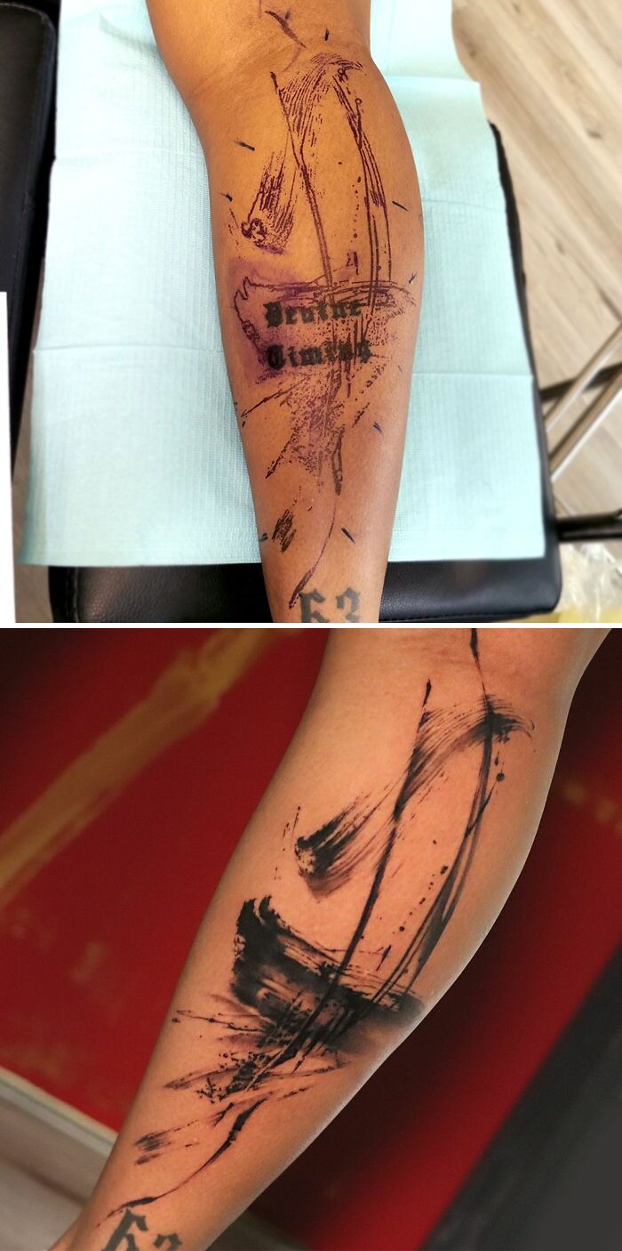 Abstract tattoo design showcasing artistic self-expression on a person's leg.