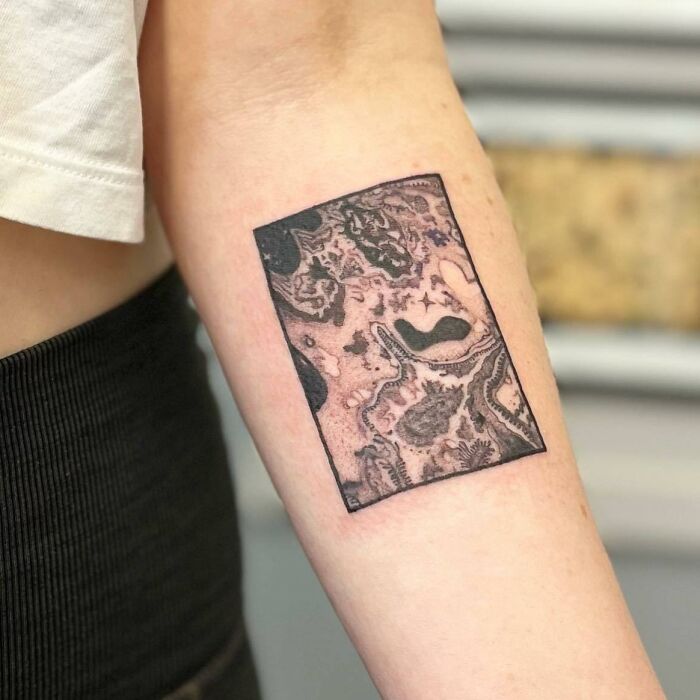 Scientific tattoo depicting a detailed pattern on a person's arm in a close-up shot.