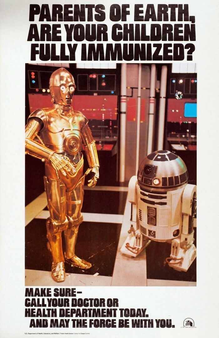 Padres de la Tierra, ¿están vuestros hijos totalmente inmunizados? - Anuncio de La Guerra de las Galaxias promoviendo las vacunas, 1978