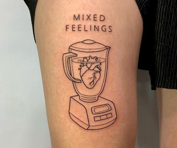 Tattoo of a heart inside a blender with text "Mixed Feelings," symbolizing powerful mental health.
