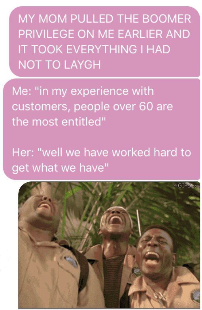Text message exchange about entitlement with a GIF of three men laughing, illustrating examples of entitled individuals.