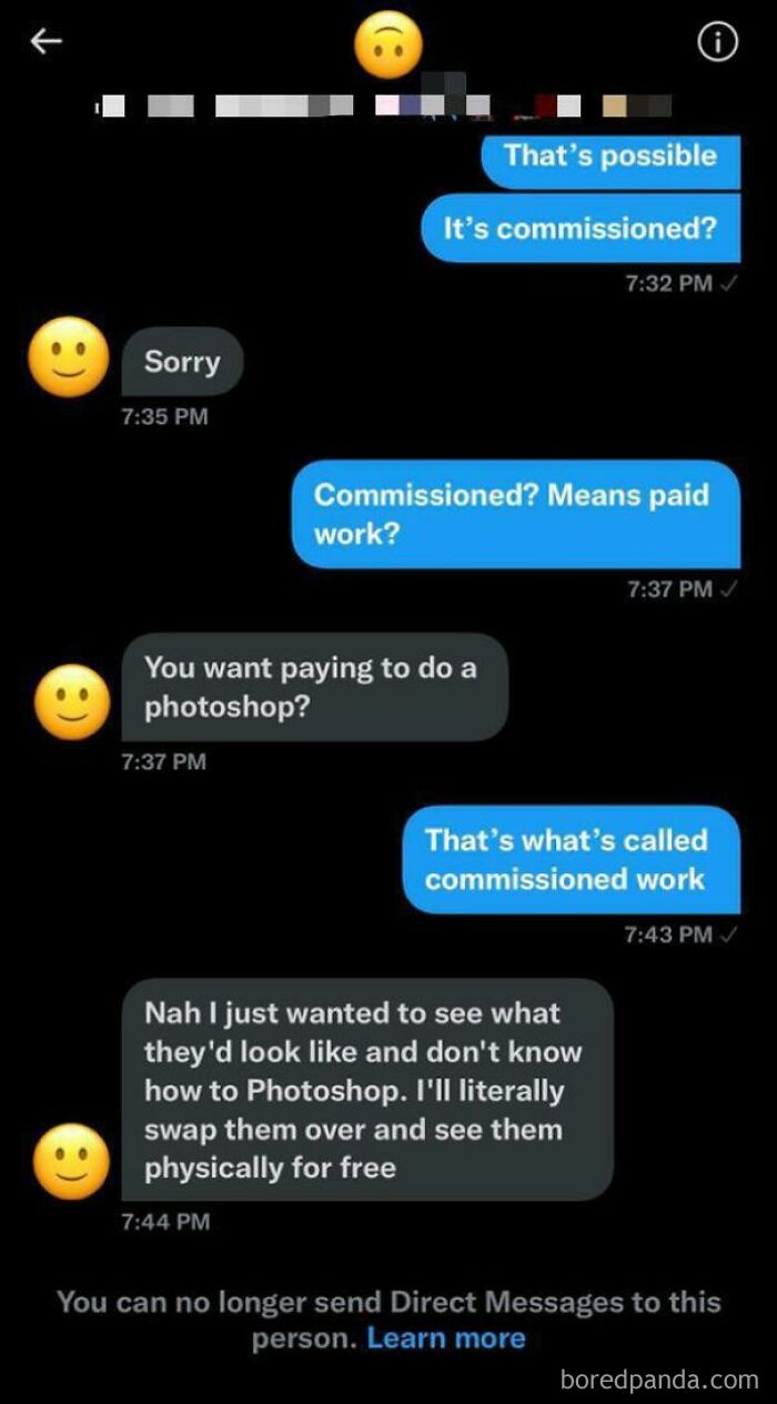 Screenshot of a text conversation showing entitled individuals refusing to pay for commissioned Photoshop work.