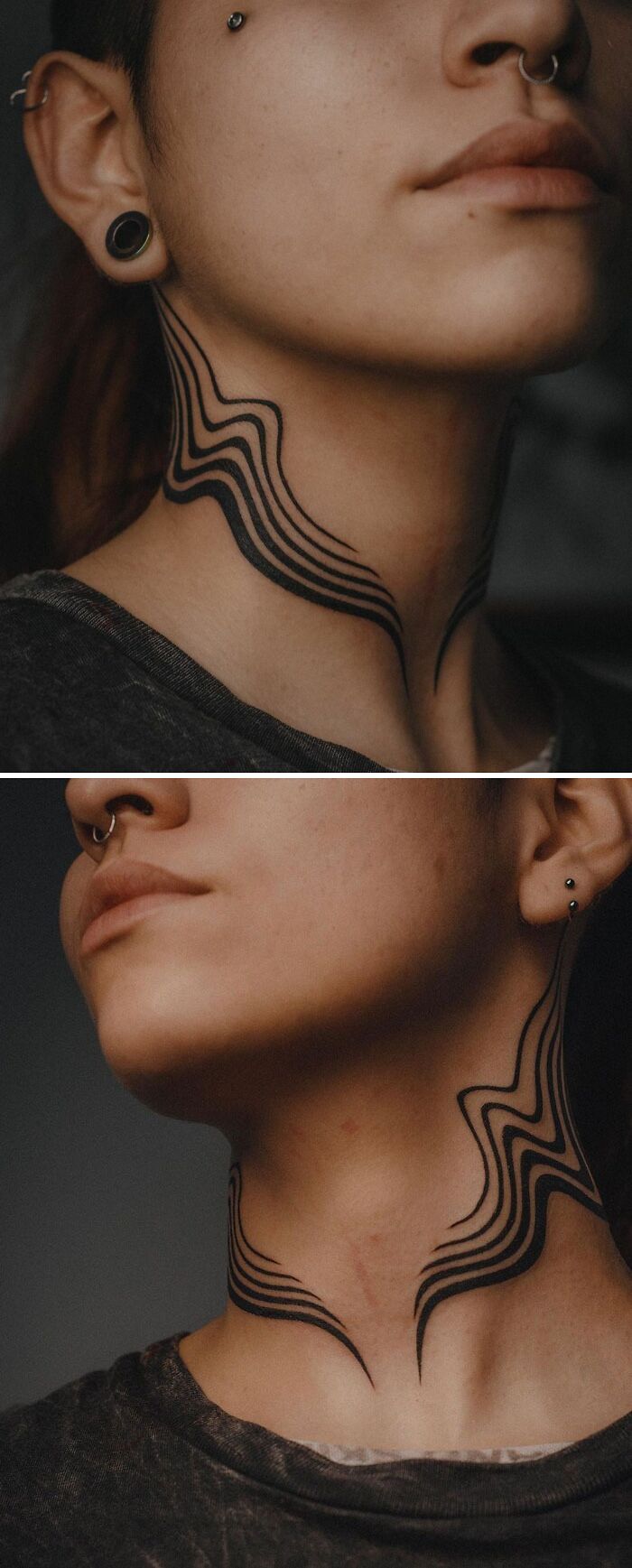 Neck with abstract tattoo design showcasing artistry and self-expression through intricate black patterns.