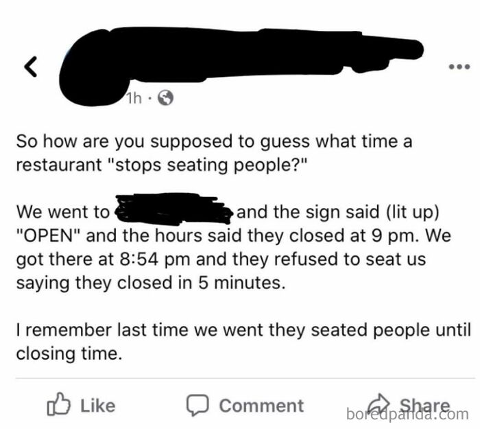 Screenshot of a social media post showing an entitled individual complaining about restaurant seating rules.
