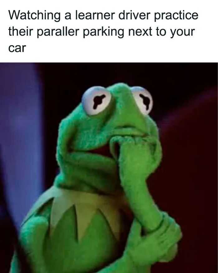 Scared Kermit meme with anxious expression, related to parking situation.