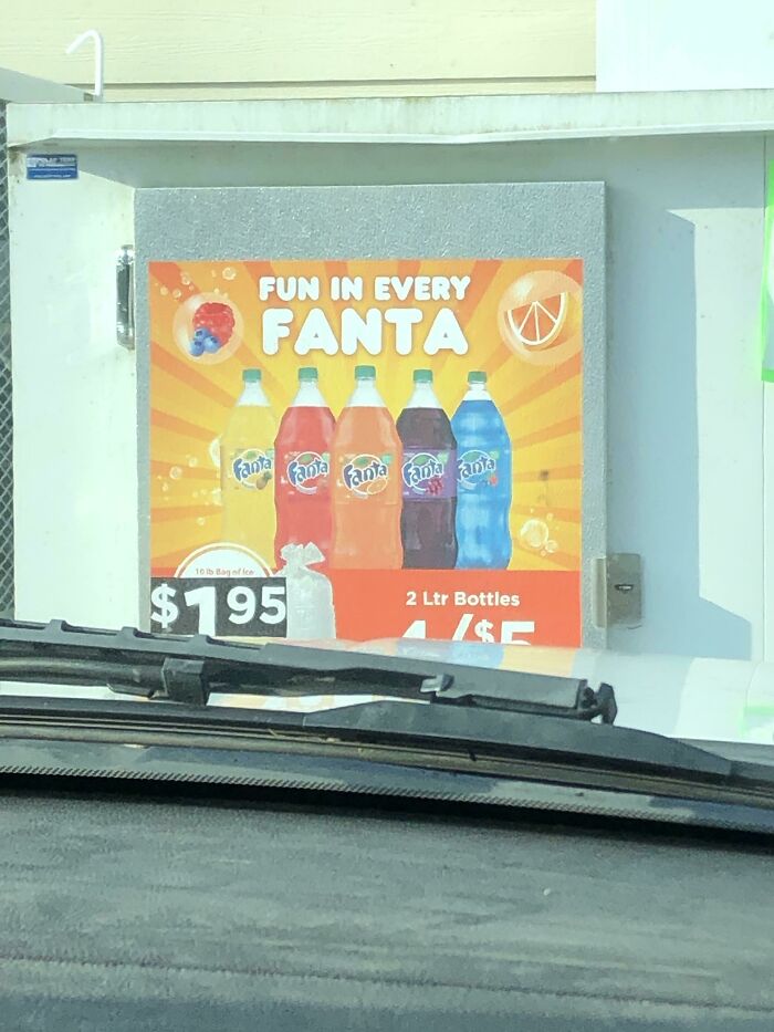 The Way That All The Other Fanta Bottles Are Filled Evenly And Then The Blue Bottle