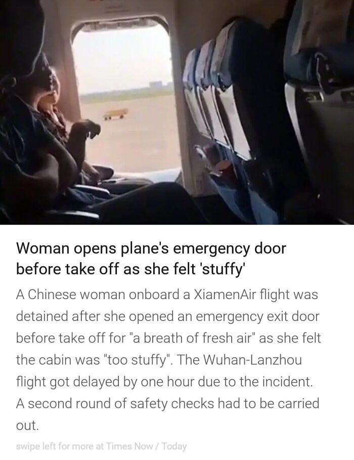 Woman opens plane emergency door before takeoff feeling stuffy, causing delay and safety checks in entitled individual incident.