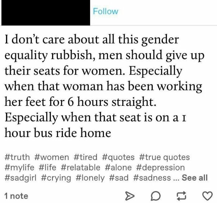 Screenshot of a social media post showing entitled views on gender equality and seat giving, highlighting entitled individuals.
