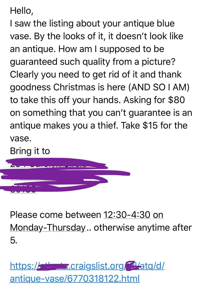 Screenshot of a message showcasing entitled individuals demanding unrealistic prices and quick responses in online sales.