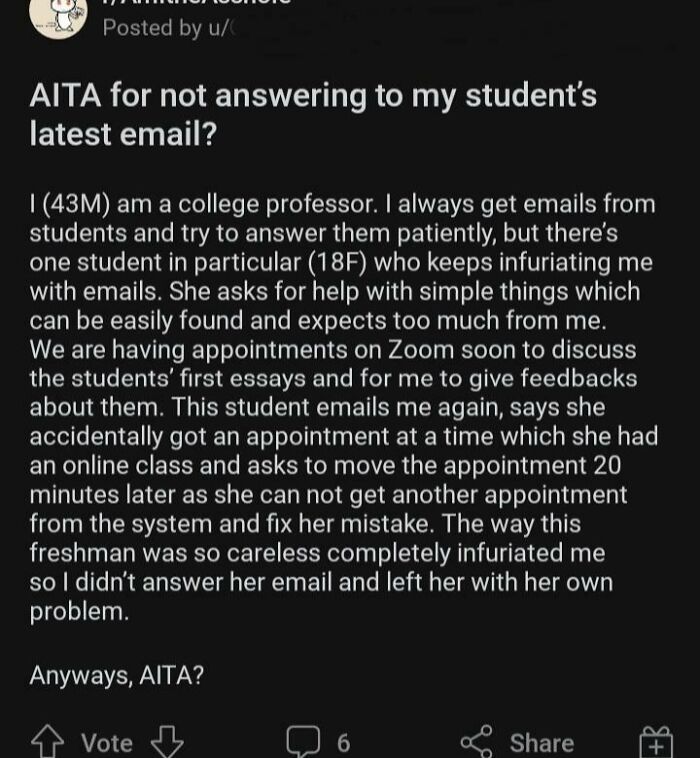 Screenshot of a college professor’s story about dealing with an entitled student’s demanding and careless emails.