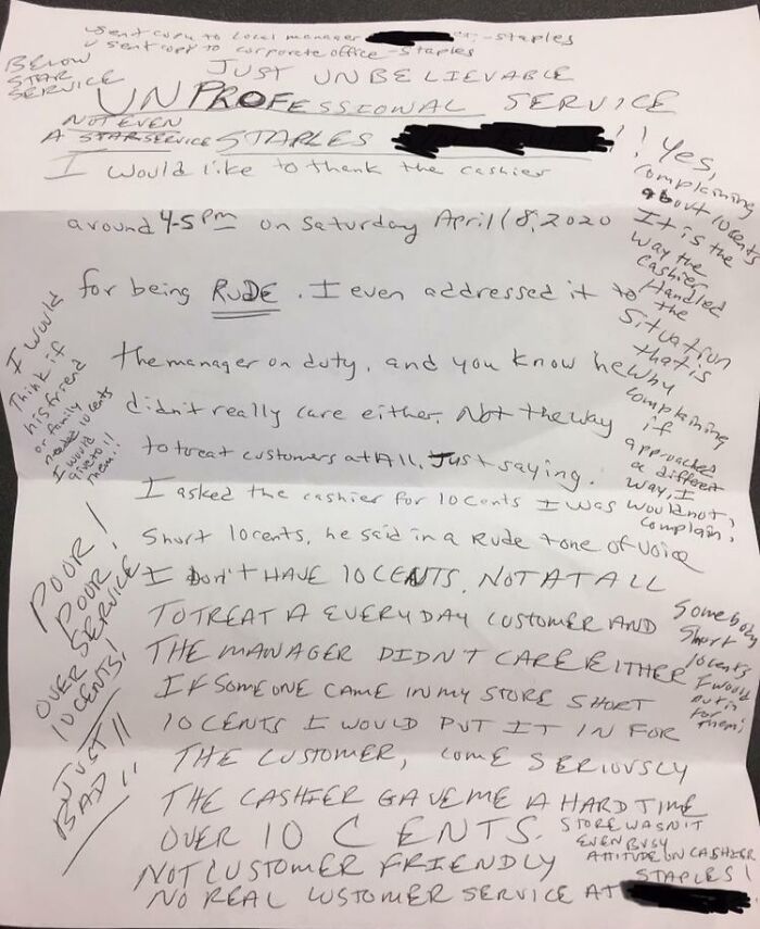 Handwritten angry complaint about unprofessional service and rude treatment at a store, showcasing entitlement behavior.