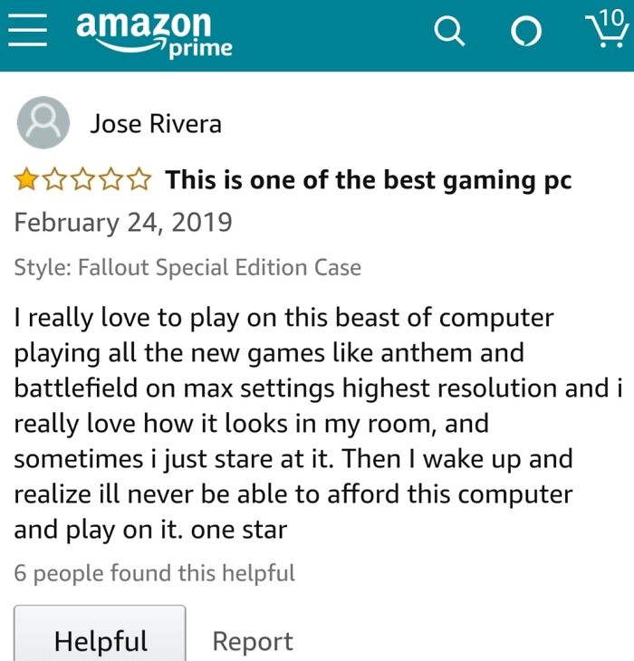 Amazon review screenshot showing an entitled individual giving a one-star rating despite loving the gaming PC features.