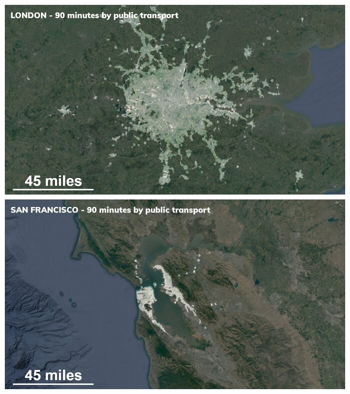 90 Minute Public Transit Commuter Zone For London vs. San Francisco