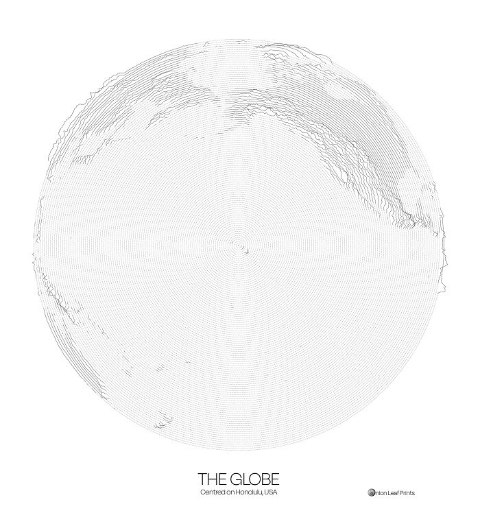 The Globe Centred On Honolulu - Topographic Map From A Single Spiral Line