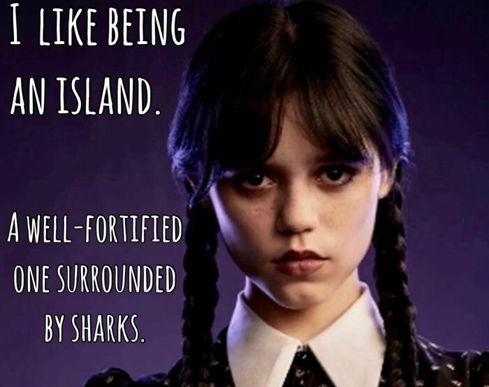 Wednesday Addams meme from Netflix series with text: "I like being an island. A well-fortified one surrounded by sharks."