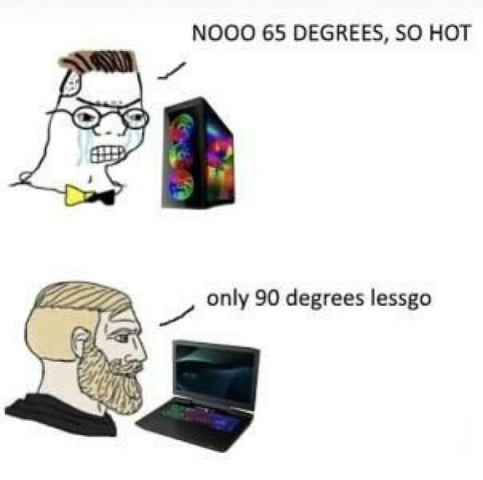 Two characters humorously comparing gaming PC temperatures, showcasing relatable gaming meme humor.