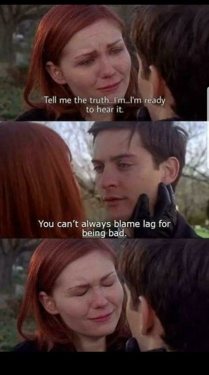 A tearful couple with captions about gaming lag, creating a relatable gaming meme.