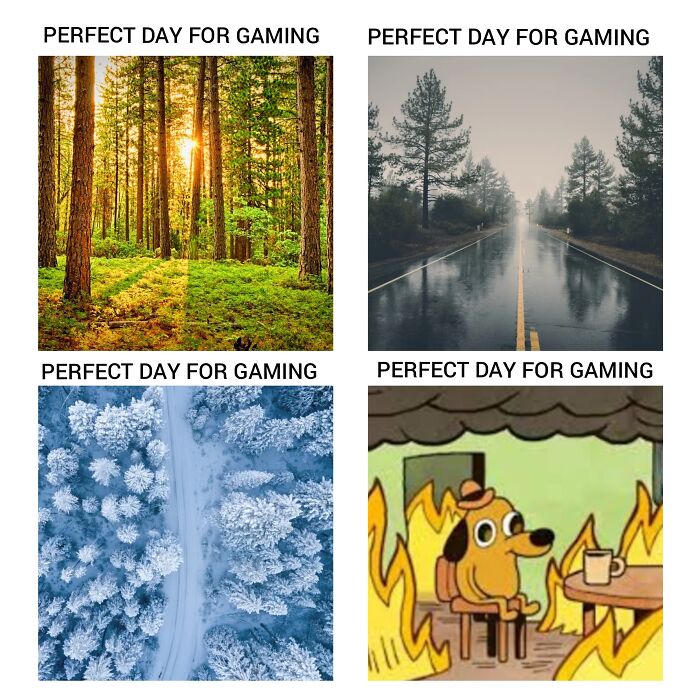 "Relatable gaming meme showing different weather conditions as 'perfect day for gaming.'"
