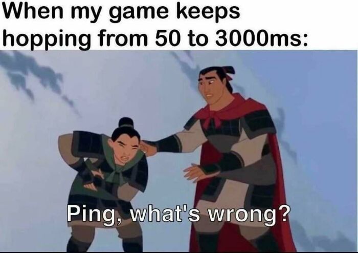 Two animated characters in armor, one hunched over, with text about unstable ping in gaming, conveying a relatable gaming meme.