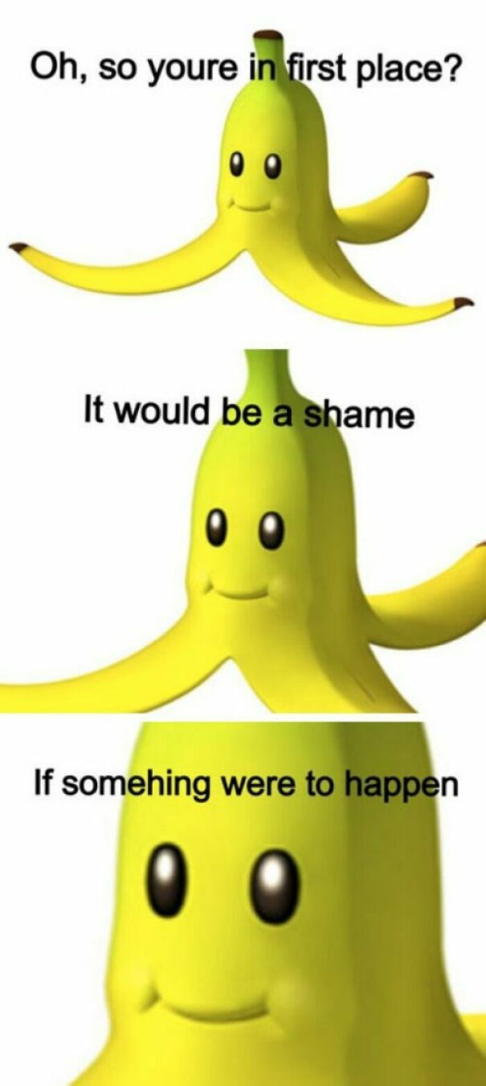Animated banana character plotting in gaming meme with humorous text.