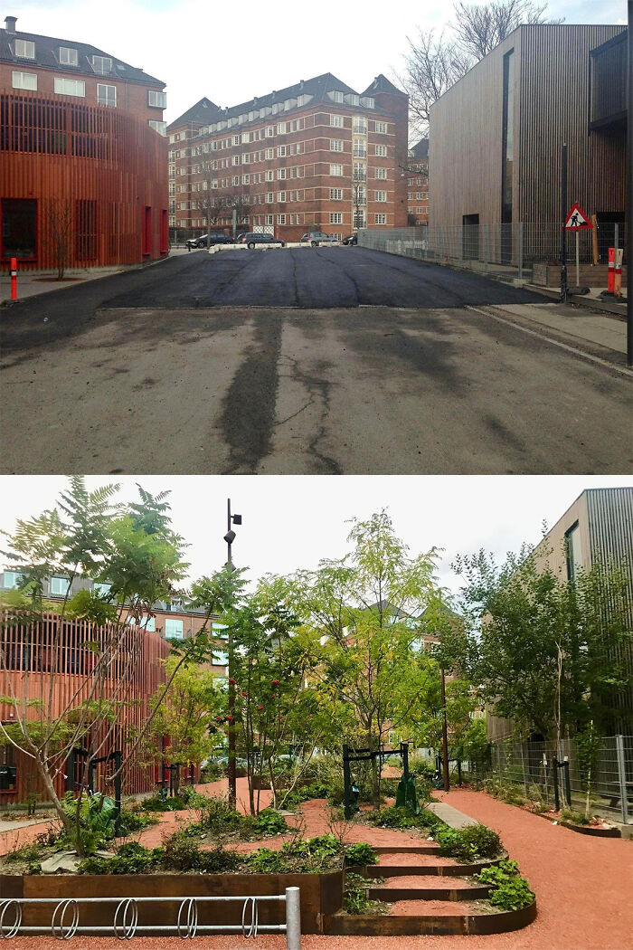 Este espacio entre dos escuelas infantiles recibió un cambio para librarlo de los coches. Copenhague, Dinamarca