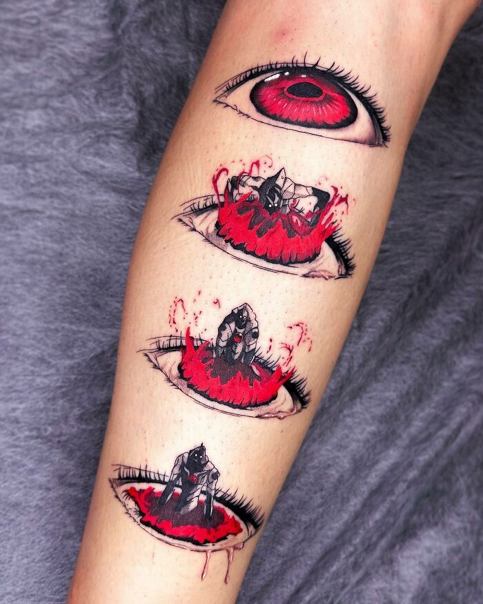 Anime tattoo featuring a sequence of red eyes and a hand emerging from a pool, showcasing intricate details.
