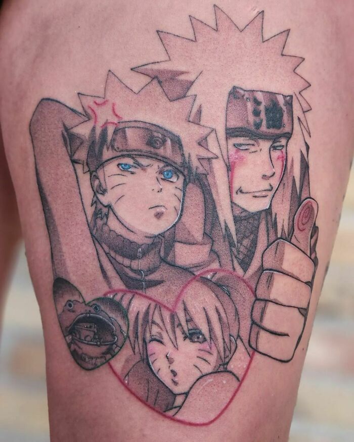 Anime tattoo featuring iconic characters in a detailed design, showcasing intricate line work and shading.