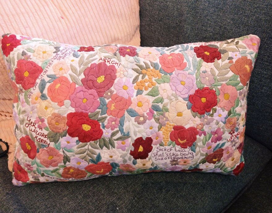I'm Getting Married Next Week And I Made This Pillow As A Thank You For My Best Friend, Who Helped Planning. It Has Quotes From All The Shows And Movies We Love. Would Love To Hear Your Thoughts.