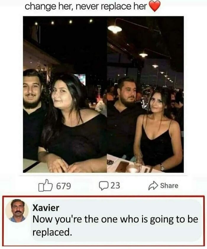 Couple posing at a restaurant in two photos with a funny memes idealist Xavier comment about being replaced.