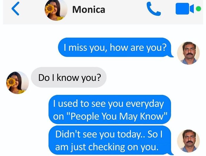 Chat conversation showing a funny meme where one person jokes about seeing the other in "People You May Know" on social media.