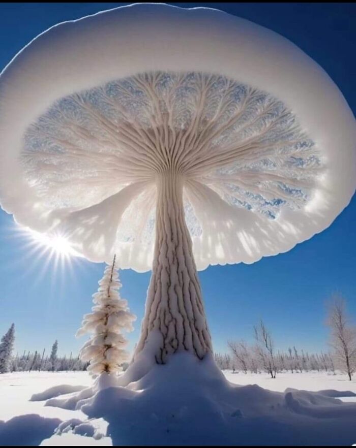 Snow and ice formation resembling a giant mushroom in a clear blue sky, showcasing one of the weirdest pics out there.
