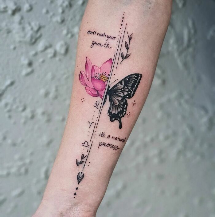 Mental health tattoo of a lotus and butterfly on an arm, symbolizing growth and healing, with motivational text.