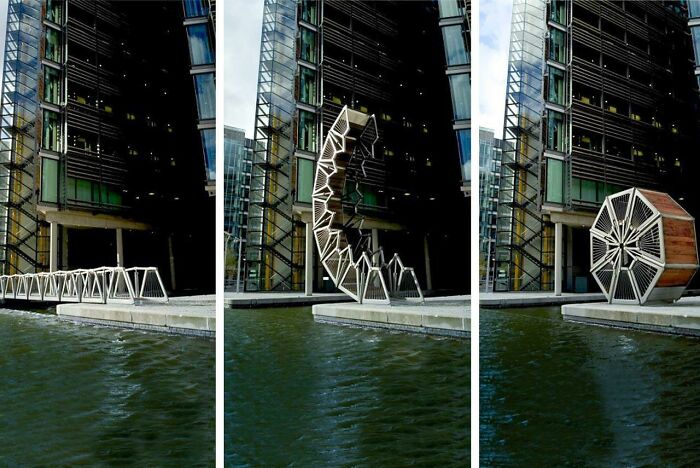 Innovative well-planned infrastructure featuring a dynamic, transformable bridge over urban waterway by modern buildings.