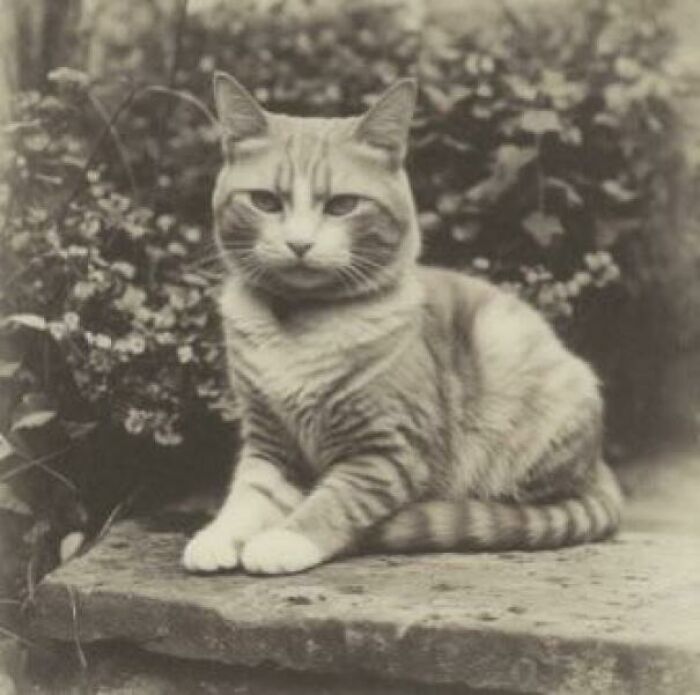 Cute cat with striped fur resting on a stone surface, surrounded by blurred foliage in the background.
