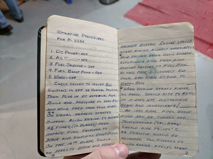 My Grandpa's Hand-Written Instructions For Starting A B-29 Engine While Serving On Uss Ranger Aircraft Carrier In The Early 60s