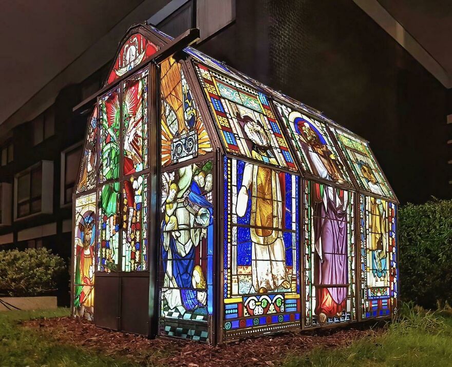 Green House Made From Recycled Church Stained Glass Windows.