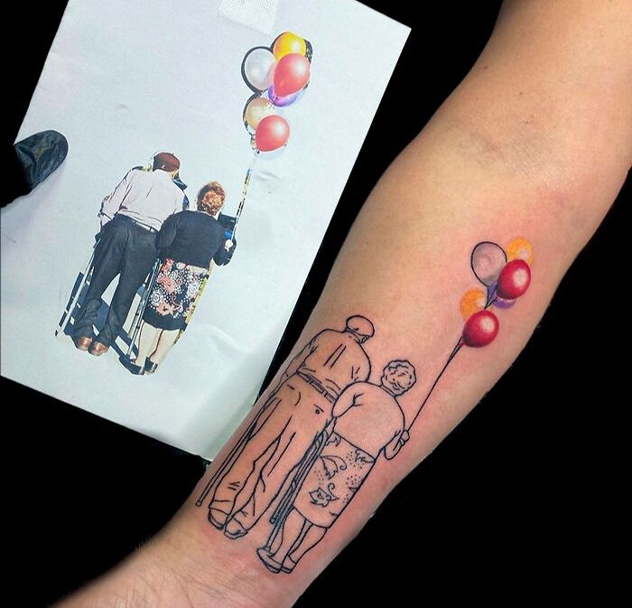 Family memorial tattoo depicting elderly couple with balloons, inspired by reference photo.
