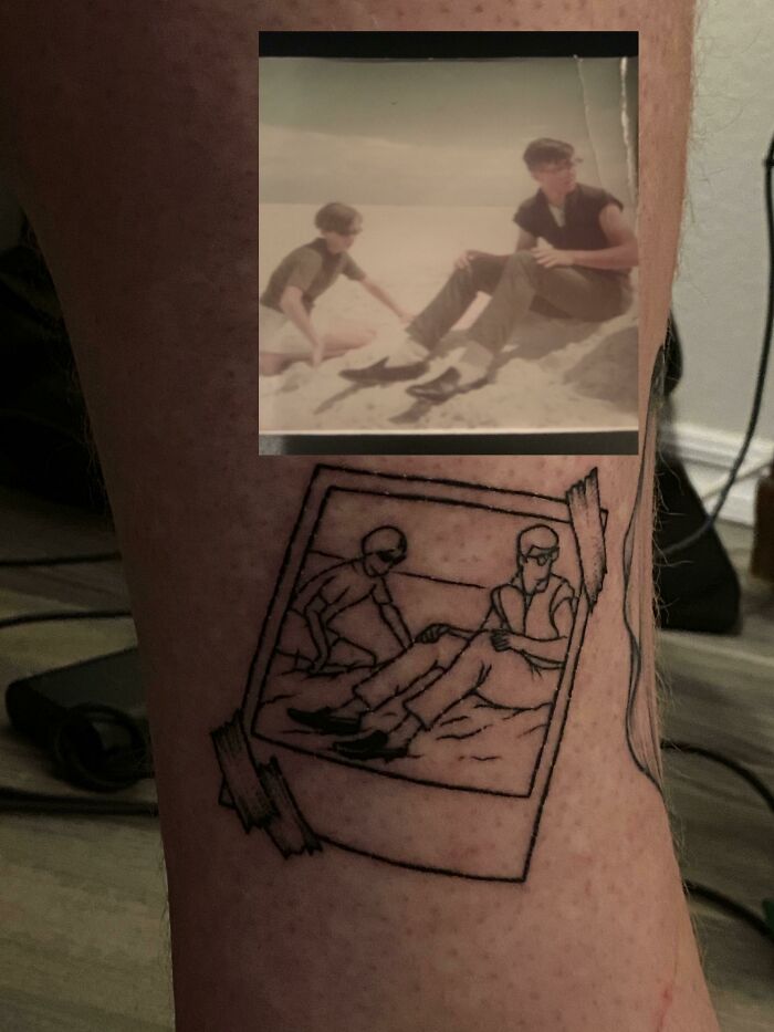 Memorial tattoo of a vintage family photo, honoring loved ones with line art style inked on leg.