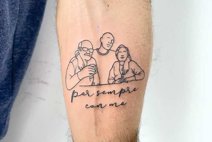Family memorial tattoo sketch with "per sempre con me" text.