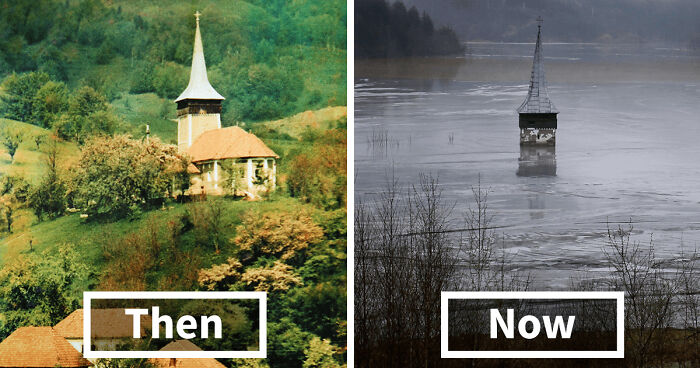 Here Lies Submerged A Whole Village. Visible Remains Only The Tower's Roof Of The Submerged Church