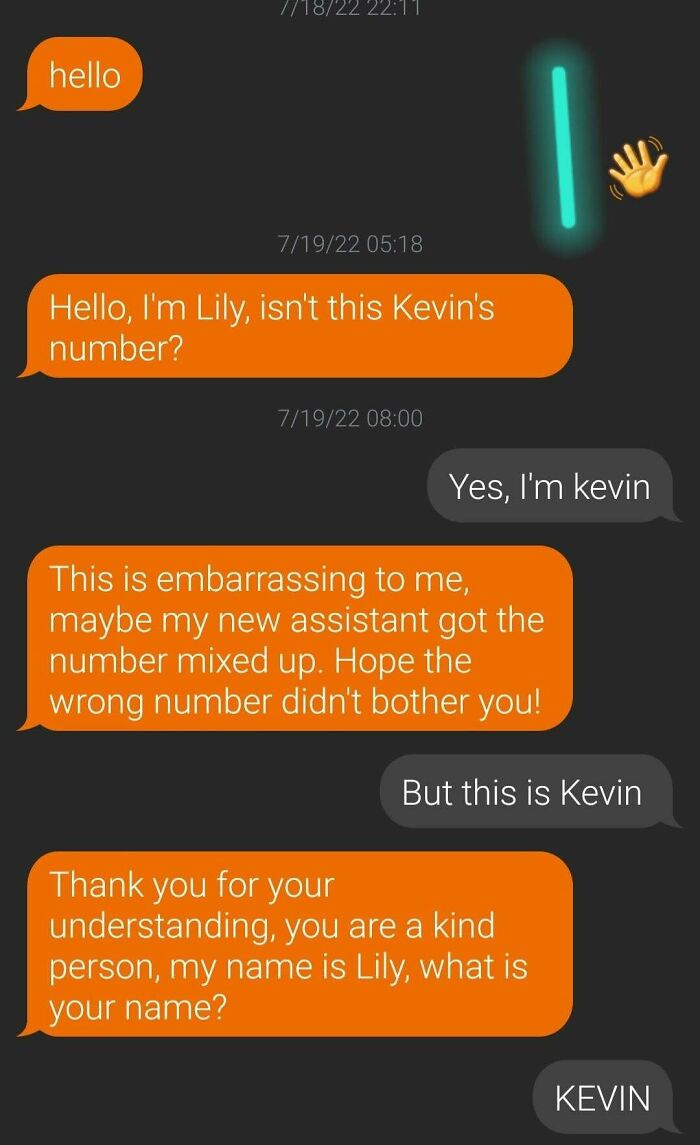 Text message exchange showing a person named Kevin responding to a suspicious message in a scammer baiting scenario.