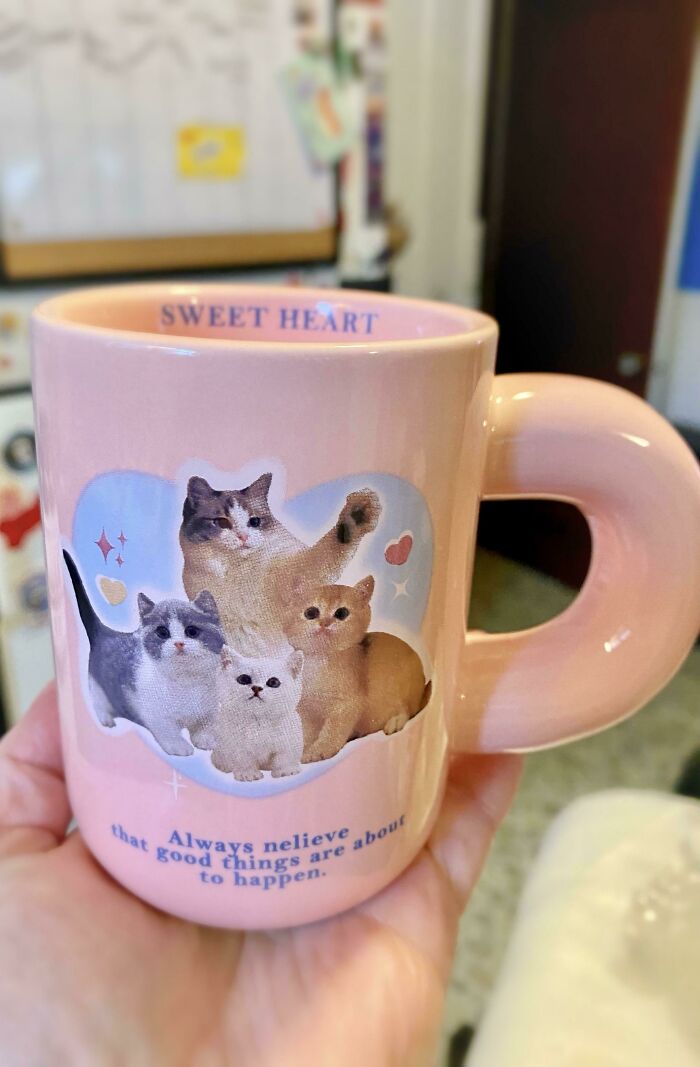 Pink cat-themed mug with the phrase Always believe good things are about to happen, showcasing creative mug life design.