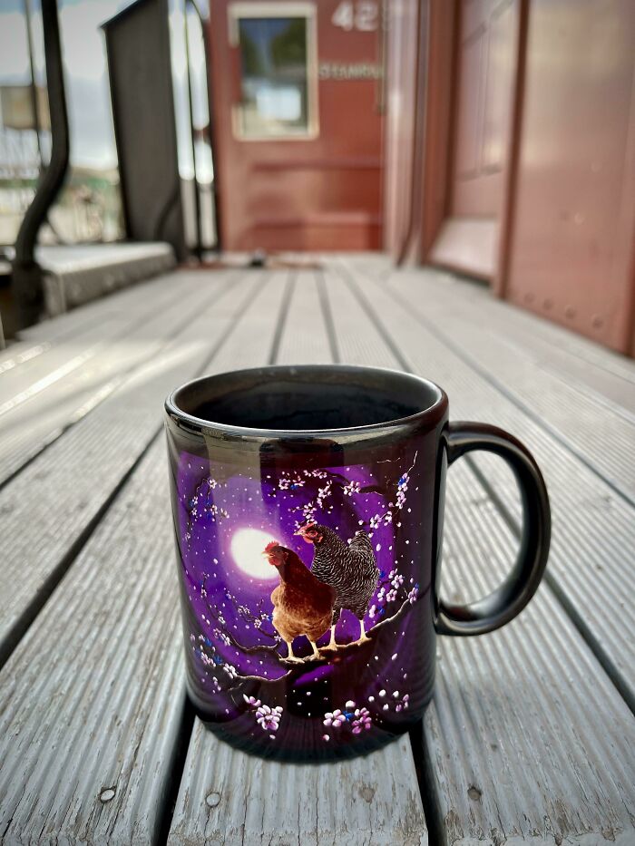 Black mug with chicken artwork sitting on wooden floor in an outdoor setting, showcasing unique mug life design.