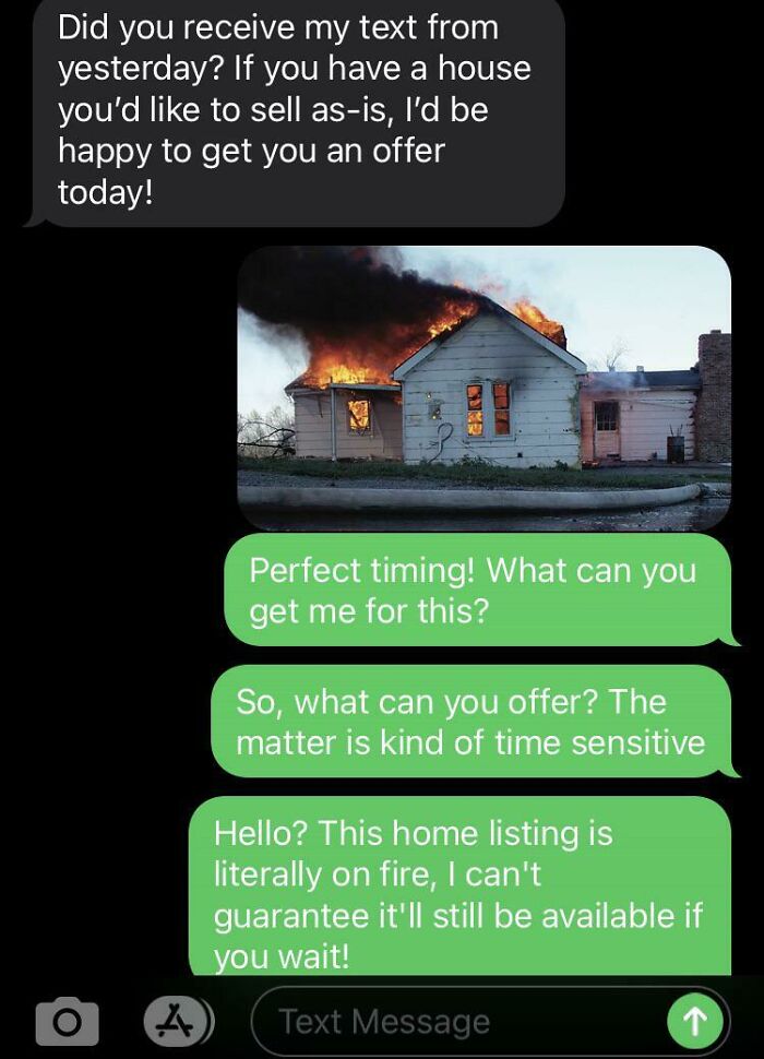Text exchange showing a house on fire as a response to a scammer trying to sell property, illustrating scammers baited.