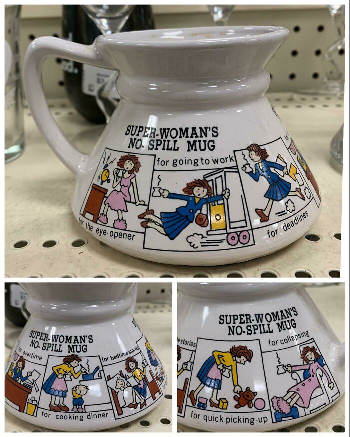 Ceramic no-spill mug with cartoon illustrations showing various daily uses and tasks, part of mug life collection.